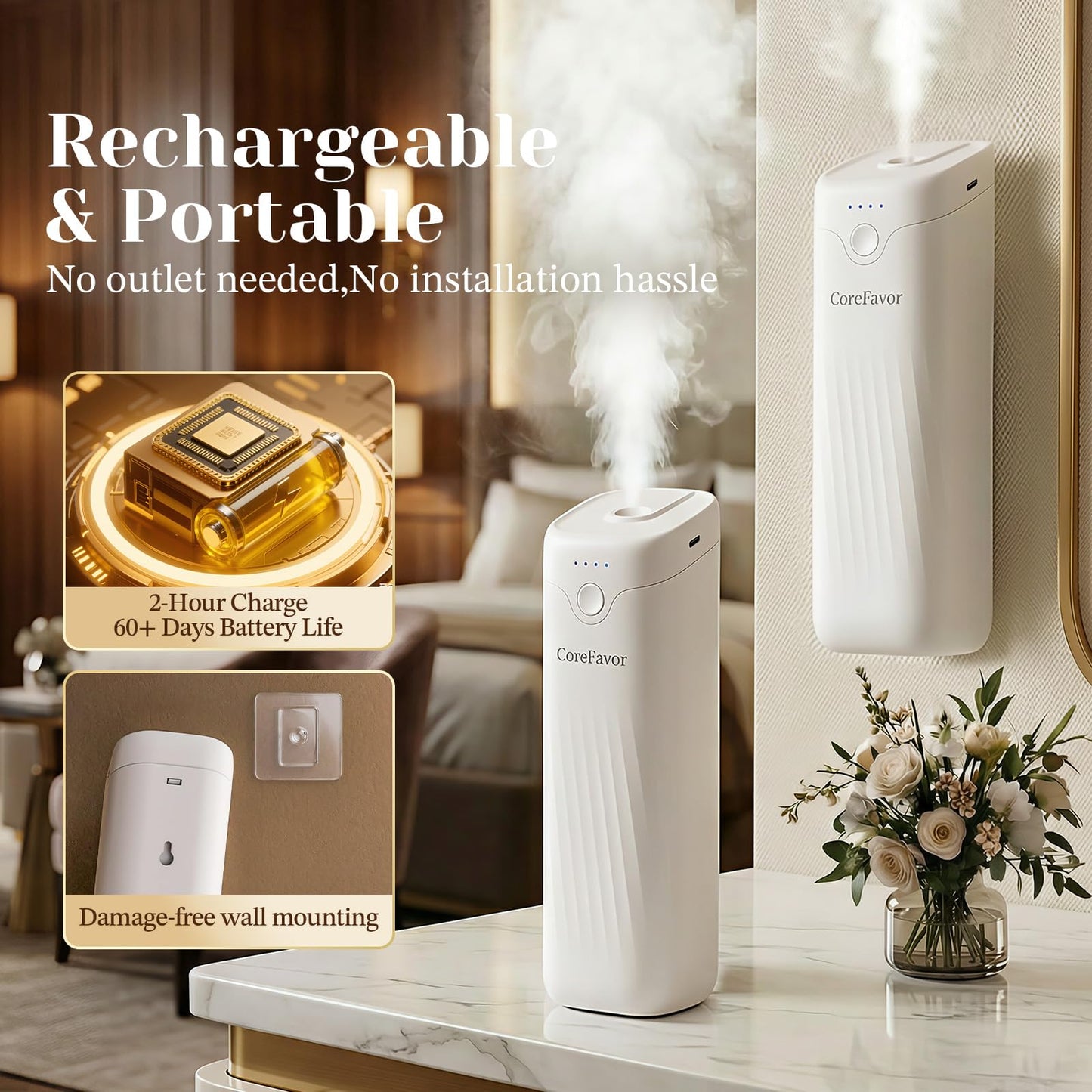CoreFavor Waterless Essential Oil Diffuser (M60) with 3x120ml Oil, Portable Battery-Operated Cold Air Aroma Scent Machine, 4 Adjustable Intensity Levels, Quiet Diffuser for Bedroom Office Bathroom Car