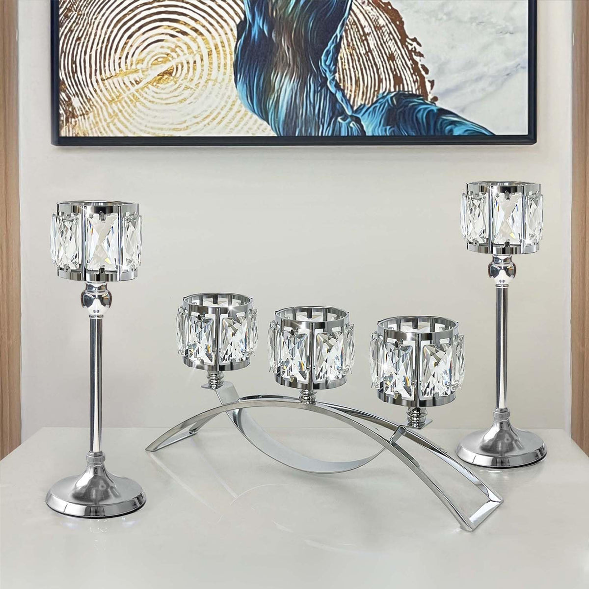 3 Arms Crystal Bowl Tealight Candelabra Votive Candle Stand, Wedding centerpieces for Tables Crystal Candlestick，Centerpiece Table Decorations (Set of Silver)