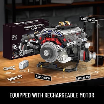 V8 Engine Building Blocks Set APP Controlled Combustion Model Kit with Rechargeable Motor Physical Science Experiment Toy for Adults (664 PCS)