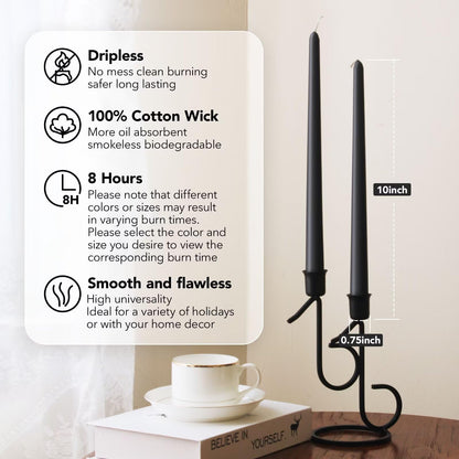 Pickood 10-Inch Tall Unscented Dripless Taper Candles Bulk 30 Pack - Black Taper Candles Bulk, Perfect for Wedding, Dinner - Smokeless, 6-8 Hour Long Burning - Colored Candlesticks Bulk - Black