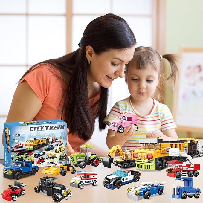 16 Pack Building Blocks Party Favors for Kids Lego-Compatible 2 in 1 710pcs Building Kits Mini City Vehicles Include Police Car &amp Train Christmas Toy Gifts Goodie Bag Filler Stuffers for Boys Gi