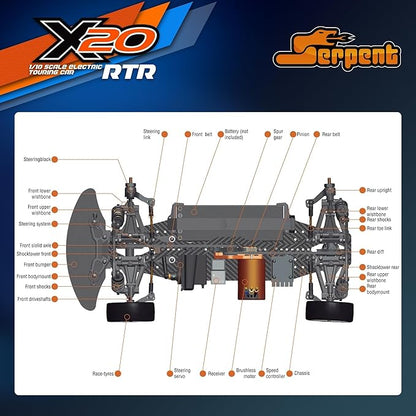 Serpent X20 1/10 RC Touring Car RTR 4WD Fast Electric RC Car with Brushless Motor Carbon Fiber &amp CNC Aluminum Parts High Speed Batteries and Charger Not Included (Orange)
