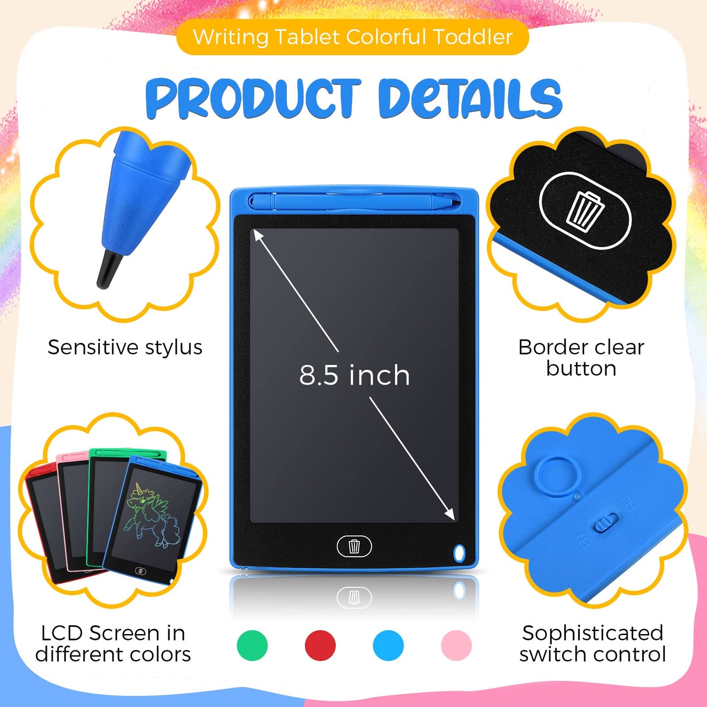 Epakh 16 PCS LCD Writing Tablet for Kids - 8.5 Inch Reusable Writing Board Drawing Doodle Pad Gift for Girl & Boy, Toddlers, Back to School, Birthday Party Favors(Blue, Green, Pink, Red)