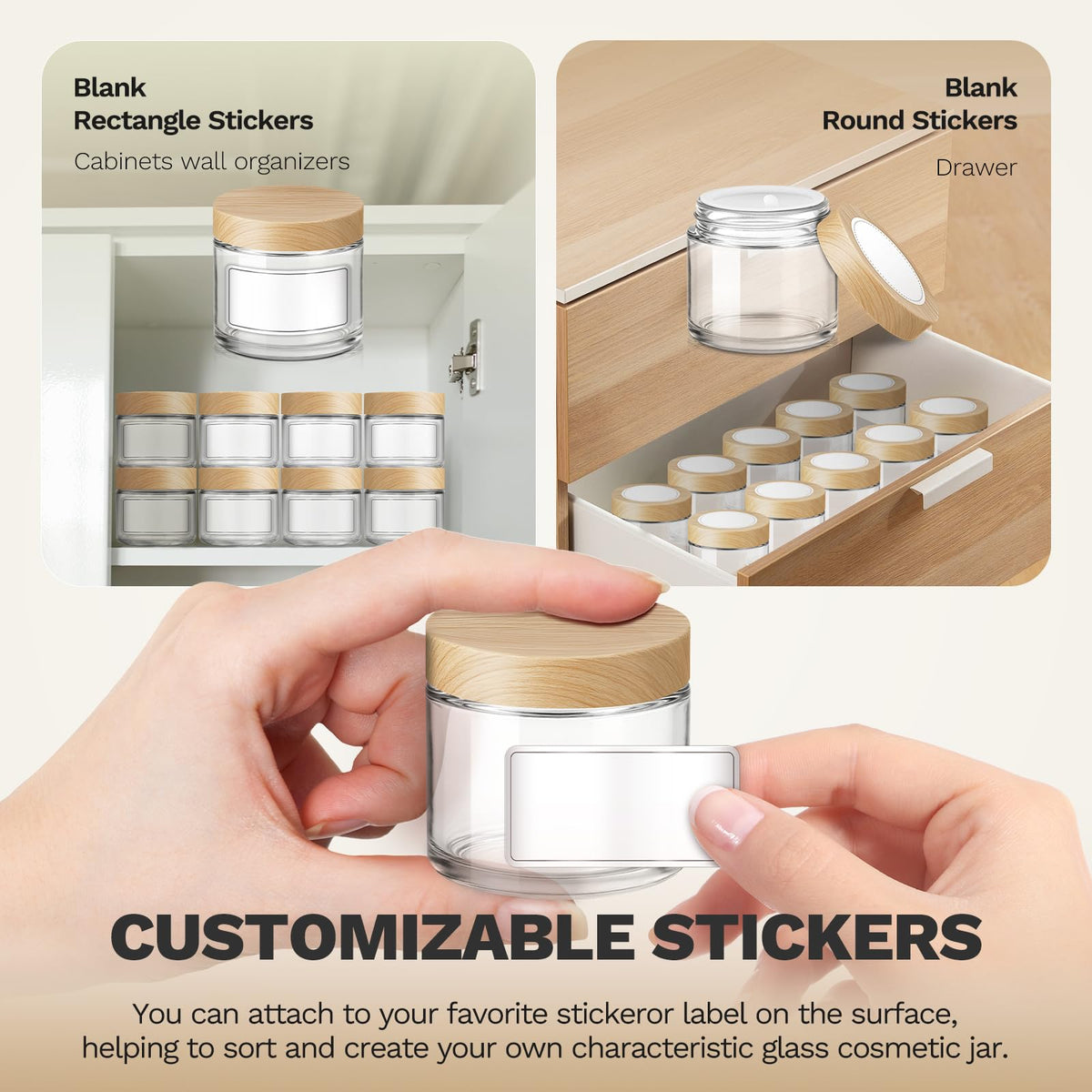 Bumobum 2 oz Small Glass Jars with Plastic Woodgrain Lids, 24 Pack Clear Glass Cosmetic Jars with Inner Liners, 60ml Refillable Empty Sample Containers for Cream, Salve, Powders and Lotion Storage
