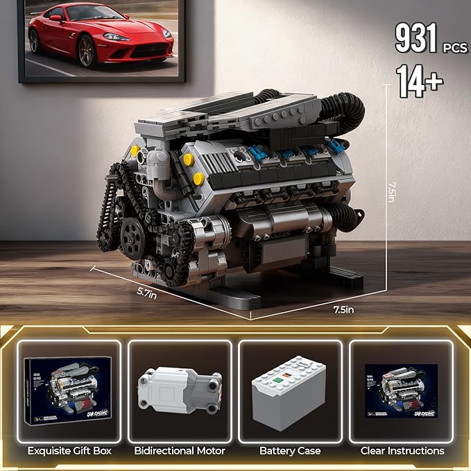 V8 Engine Model Kit That Runs MOC Collectible Mini V8 Engine Building Set with Motor Home Office Decor Ideal Gift for 14+ and Adults Compatible with Lego Set (931 PCS)