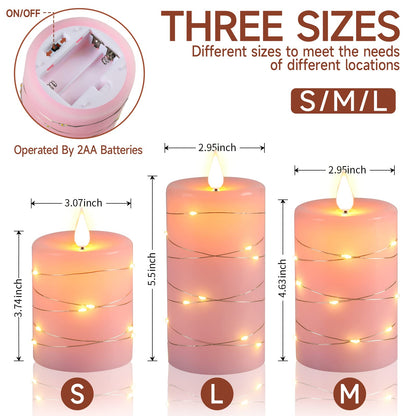 Da by 3 Pack Pink Real Wax Flameless Taper Candles, Lifelike Flickering LED Flame Candles with Surrounding Fairy String Lights, Soft Warm Battery Candles with Remote for Home Wedding Party Decor