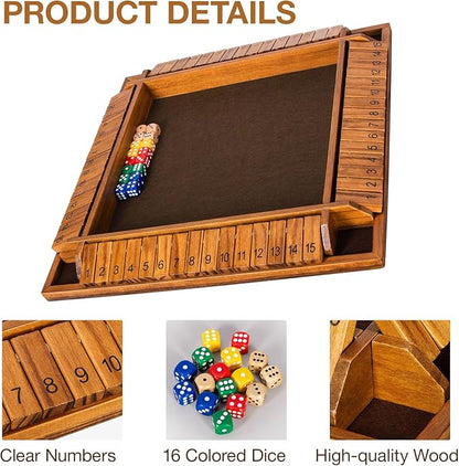 Upgraded 16.54’’ Shut The Box Dice Game with 15 Numbers for 1-4 Players Large Wooden Board Math Game 16 Dices Tabletop Games Kids Adults Family Party Birthday