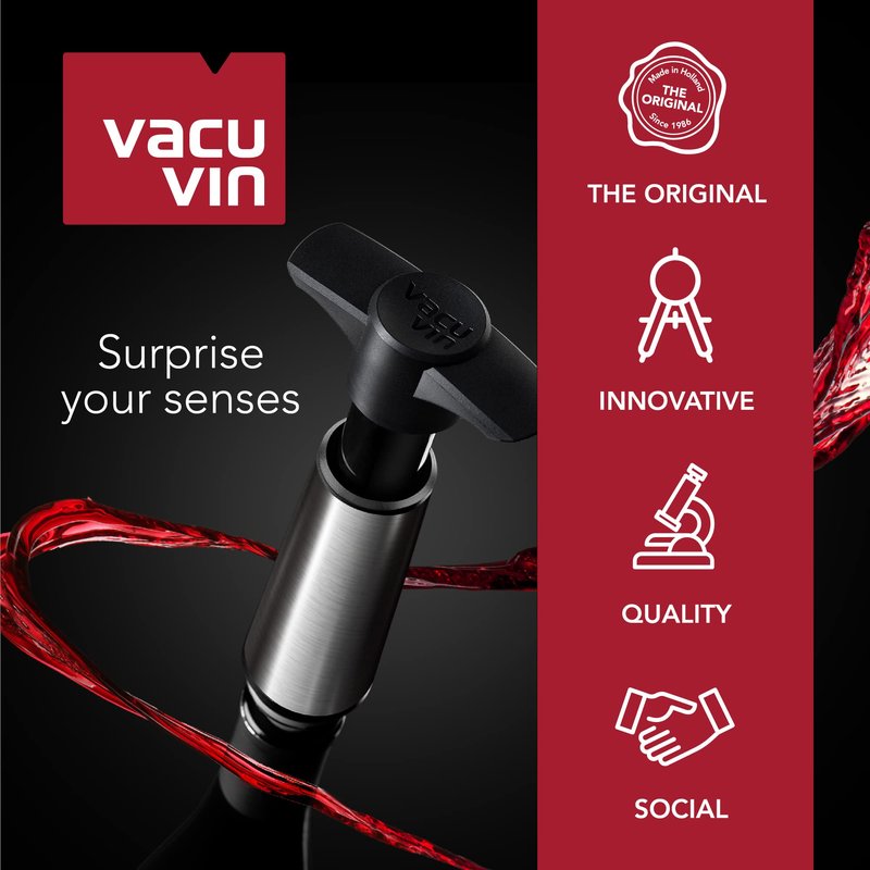 Vacu Vin Wine Saver Pump Pink with Vacuum Wine Stopper - Keep Your Wine Fresh for up to 10 Days - 1 Pump 8 Stoppers - Reusable - Made in the Netherlands