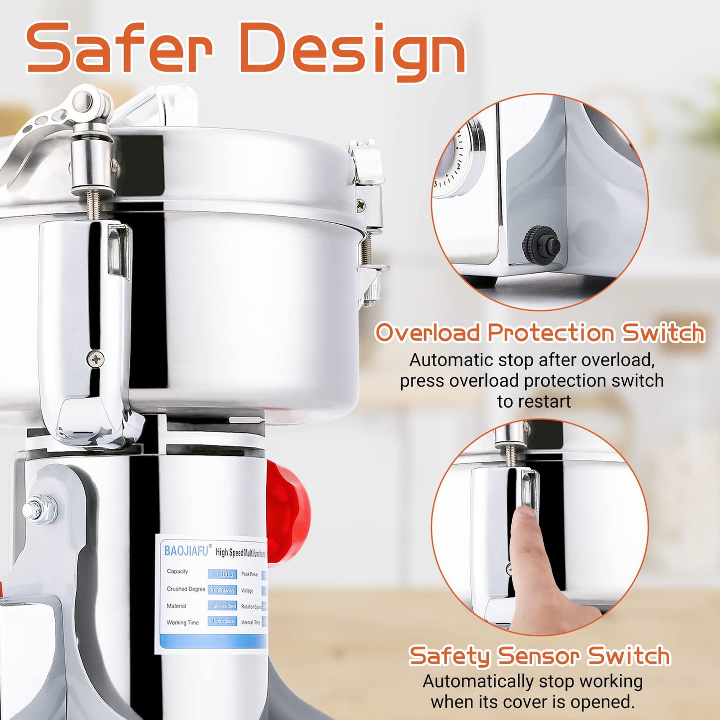 BAOJIAFU Electric Grain Mill 1000g High-speed Grain Spice Herb Grinder 2600W Dry Grinder Machine 304 Stainless Steel Superfine powder High-speed Grain Mill 36000r/min for Kitchen Home and Commercial