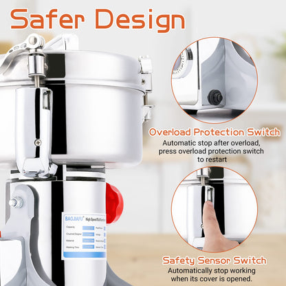 BAOJIAFU Electric Grain Mill 1000g High-speed Grain Spice Herb Grinder 2600W Dry Grinder Machine 304 Stainless Steel Superfine powder High-speed Grain Mill 36000r/min for Kitchen Home and Commercial