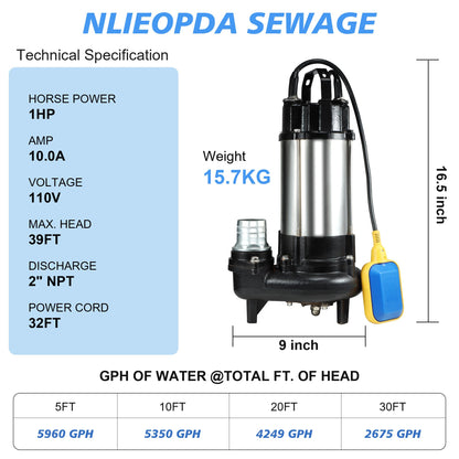 NLIEOPDA 1HP Sewage Grinder Sump Pump, Submersible Effluent Pumps 110V 6400 GPH Auto Float Switch, Cast Iron, 2'' NPT Discharge for Basement, Sump Basin, Residential Sewage
