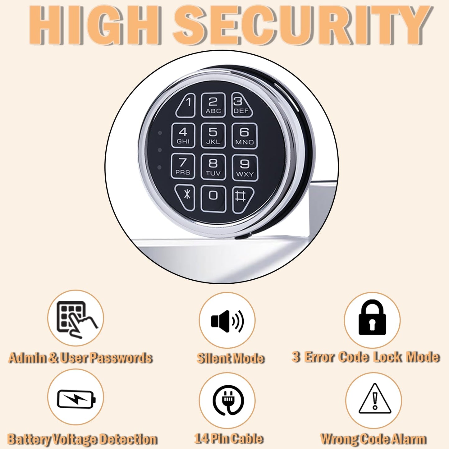 Gun Safe Replacement Lock Chrome Digital Keypad Electronic Lock, Solenoid Safe Lock Mechanism, 14 Pin DIY Safe Lock