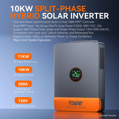 PowMr 10000W Solar Inverter 48V to 110V/240V Split Phase Pure Sine Wave Hybrid Inverter with 200A MPPT Controller, Support Parallel 6 inverters, for Lead Acid/Lithium Battery and Batteryless Run