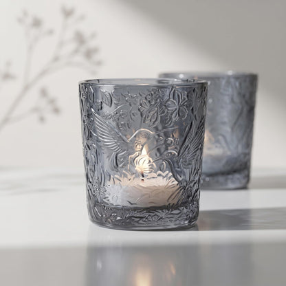 6 Pack Hummingbird Embossed Glass Candle Holders Votive Tealight Holders with Patent Design, Decorative Glass Cups for Wedding Centerpieces, Parties, and Home Decor (Smoky Quartz)