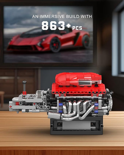 Mould King 10226 Engine Model Kit That Runs- Build Your Own STEM V12 Model Engine with Transmission 12-Cylinder Supercar Engine kit Building Engineering Toys for Adults Collections (863+PCS)