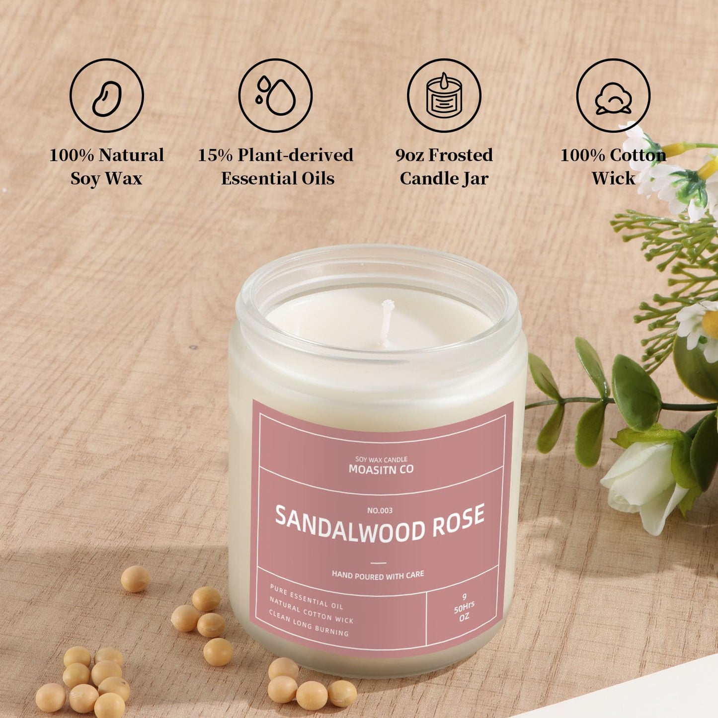 Sandalwood Rose Candle for Home Scented| Natural Soy Non Toxic Candles| Long Clean Burning Aromatheraphy Jar Candel| Women,Men Gift for Autumn,Winter, Halloween,Thanksgiving,Relaxing| 9oz