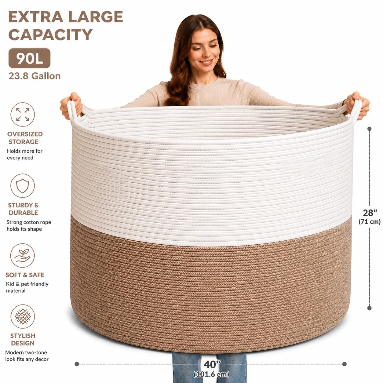 Handmade Large Cotton Rope Storage Basket, Cotton Rope Basket for Blankets, Woven Storage Bin for Bedroom Nursery, Clothes Hamper for Laundry, Large Laundry Hamper, 86L Tall Laundry Basket Blue