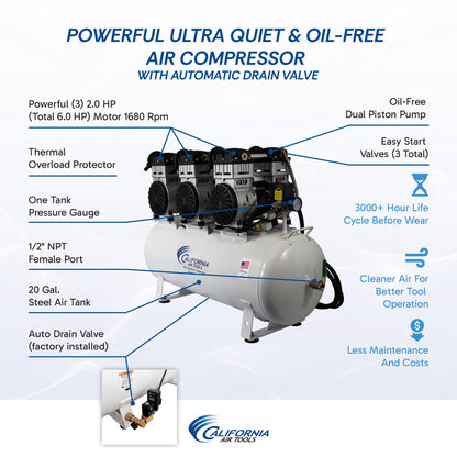 California Air Tools 20060CAD Powerful 6.0 HP Ultra Quiet and Oil-Free Air Compressor, 20 Gallon Tank, 78 dB Noise Level, with Automatic Drain Valve, 220V / 60Hz, Off White