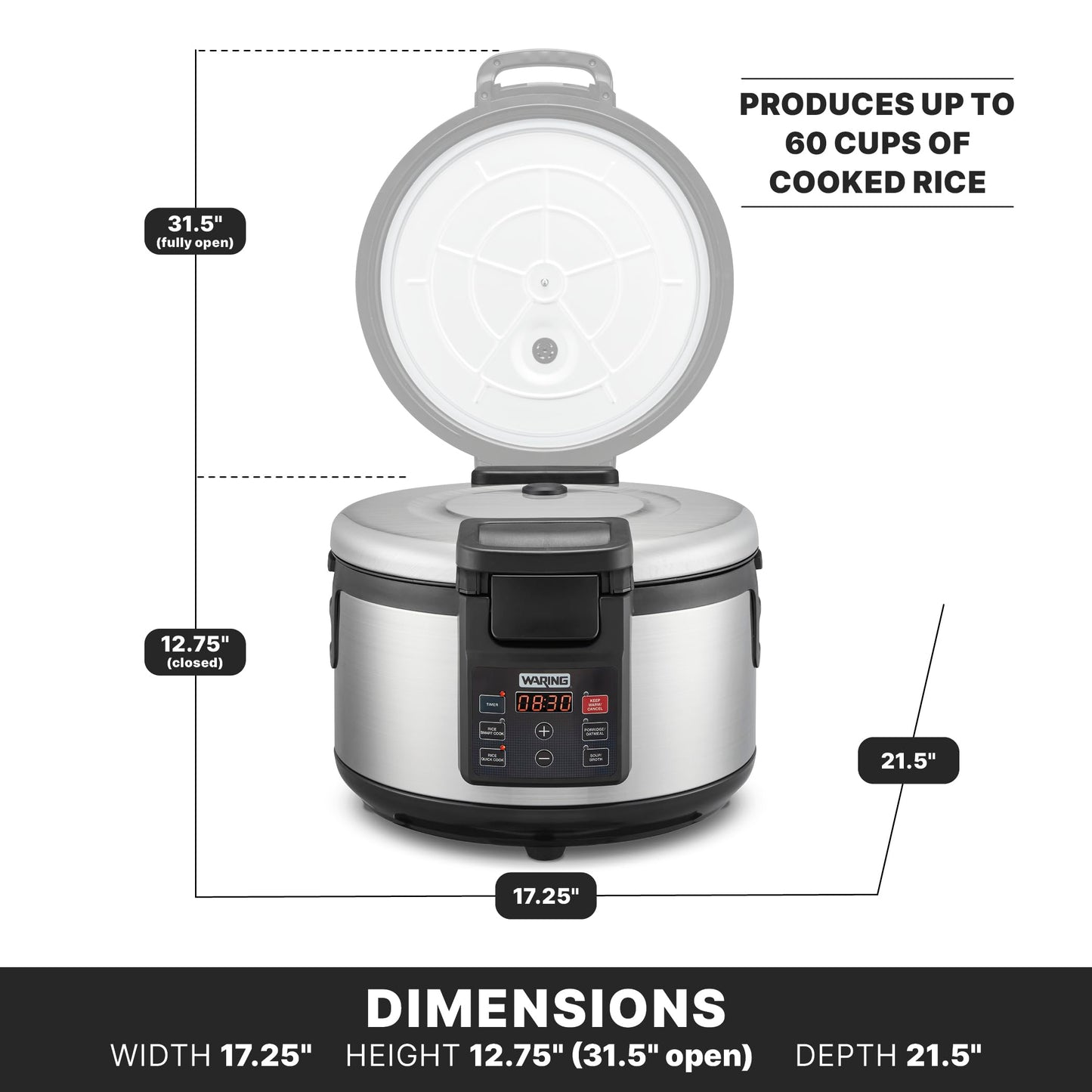 Waring Commercial Rice Cooker, 60-Cup Cooked (30-Cup Raw) Capacity, PFAS-Free Ceramic Inner Pot, Keeps Warm for 8 Hours, Double-Wall Stainless Steel Construction, Restaurants & Catering, WRC60