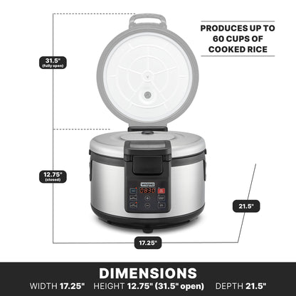 Waring Commercial Rice Cooker, 60-Cup Cooked (30-Cup Raw) Capacity, PFAS-Free Ceramic Inner Pot, Keeps Warm for 8 Hours, Double-Wall Stainless Steel Construction, Restaurants & Catering, WRC60