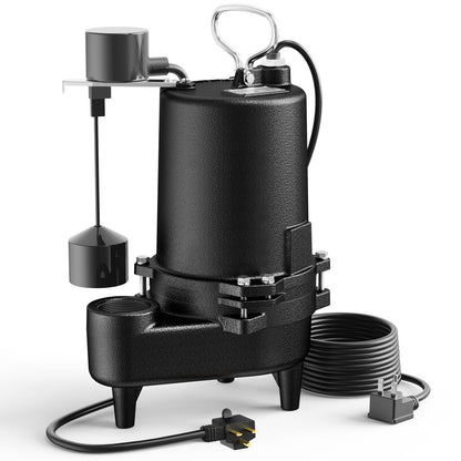 Aquastrong Cast Iron Sewage Pump 1/2HP Effluent Pump 220V 6030 GPH Sump Pump with Vertical Float Switch, Ideal for Basement Sump Pits, Industrial Wastewater - Commercial-Grade Sewage System