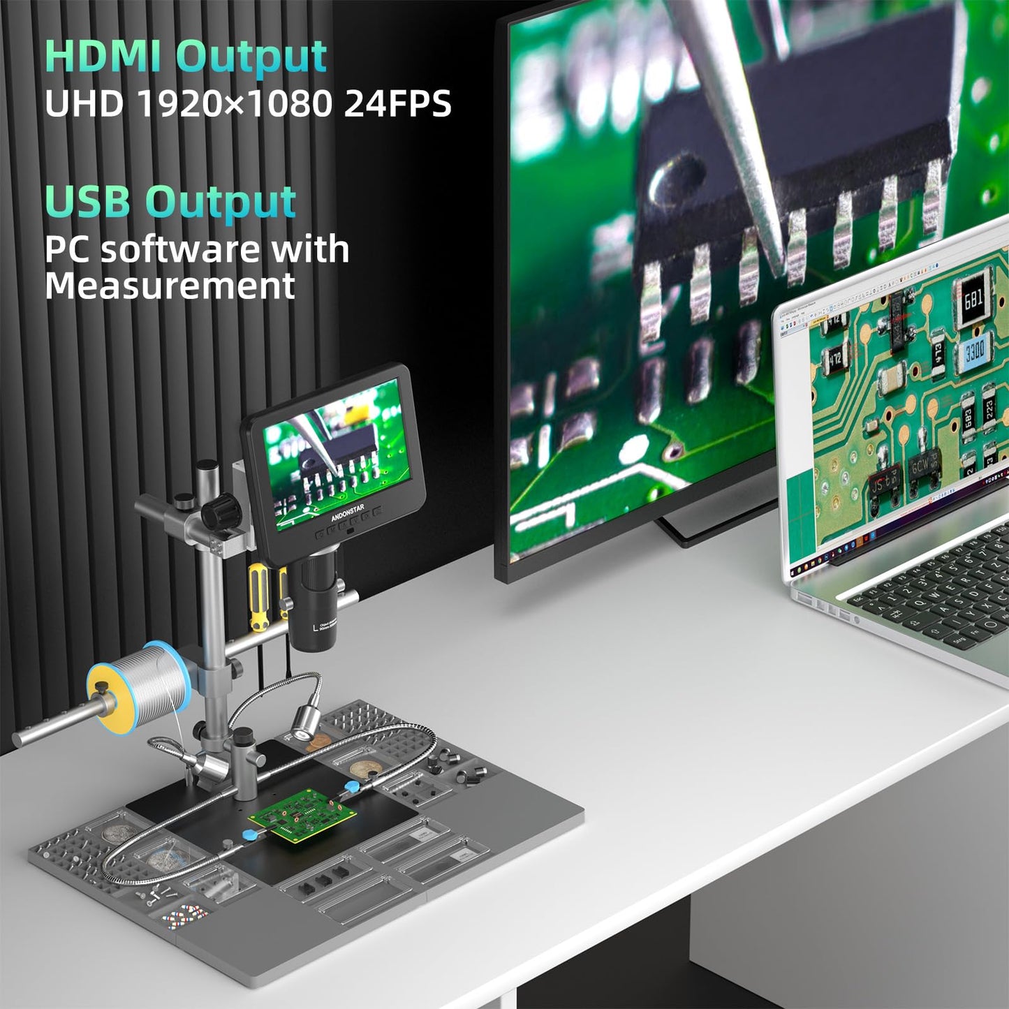 Andonstar AD246S-M Plus 7'' HDMI Soldering Digital Microscope for Electronics Repair, 2000x 3 Lens 2160P UHD Video Record, Soldering Microscope Station with Helping Hands, Coin Full View 32GB Card