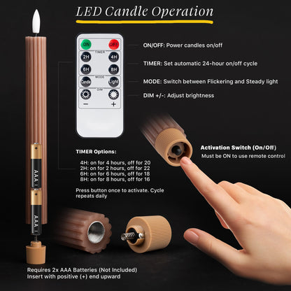 West Ivory 12 Pack, 10" LED Flameless Brown Tan Fluted Ribbed Grooved Taper Candles w/ 2 Remotes & 24h Timer Memory, On/Off Button, Dimmable, Flicker Mode, Battery Operated, Christmas Menorah Wedding