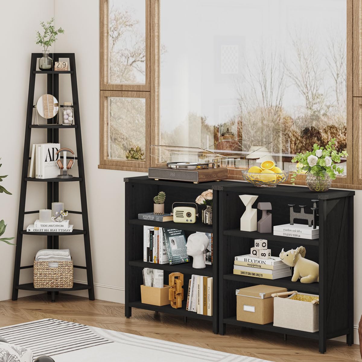 BON AUGURE 5-Tier Corner Shelf, Industrial Tall Corner Bookshelf for Living Room, Narrow Ladder Bookcase with Metal Frame, Rustic Wood Corner Plant Stand for Small Space, Home Office, Black Oak