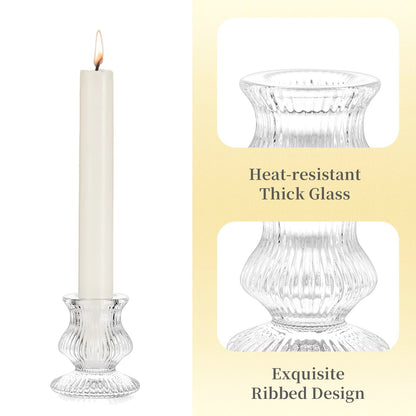 Hewory Glass Taper Candle Holders: 10PCS Clear Candle Holder Candlestick Holders, Crystal Ribbed Candle Sticks Holder Decor for Table Centerpiece Wedding Advent Wreath Christmas Thanksgiving Dinner