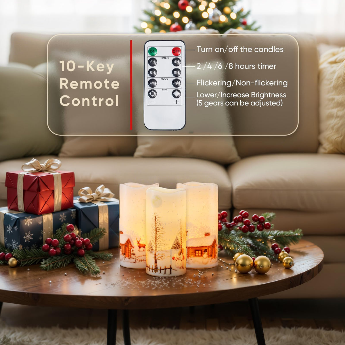 Homemory Christmas Flameless Candles Battery Operated with Snowman, Remote Control and Timers, Real Wax LED Pillar Candles for Rustic Country Home Farmhouse Cabin Decor, Set of 3, 3”x 6”