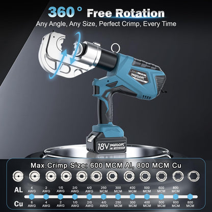 SWANSOFT Electric Hydraulic Crimping Tool, 12Ton 6AWG-800MCM Rechargeable Hydraulic Crimper for Cu/Al Terminal, Continuously Crimp Wire Cable Lug Crimping Tool Kit with 12 Dies (HCT-400A)