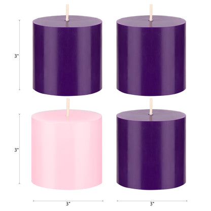 Mega Candles 4 pcs Unscented Christmas Advent Candles Set, Hand Poured Premium Wax Round Pillar Candle 3 Inch x 3 Inch, Holidays, Occasions, Events, Festivities, Devotional, Church, Wreath, Gifts