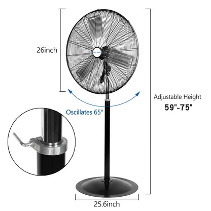 BILT HARD 6450 CFM 24" High Velocity Pedestal Oscillating Fan, 3-Speed Adjustable Height Industrial Floor Fan with Aluminum Blades, Metal Shop Fan for Commercial, and Garage