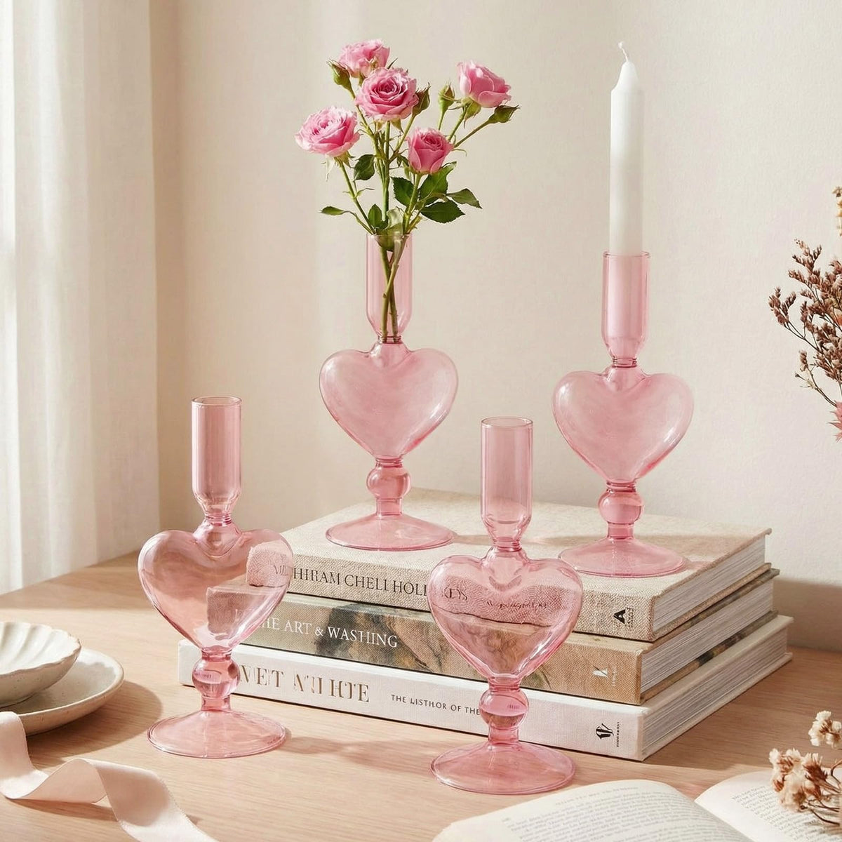 Teecyhooo 4pcs Valentine's Day Candle Holder 7" Heart Glass Taper Candlestick Holder Valentines Heart Candle Stick Vase Decor for Wedding Party Table Centerpiece(Pink)