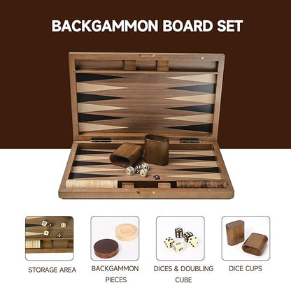 GSE Games &amp Sports Expert Premium Wooden Folding Inlay Backgammon Board Set Classic Traditional Strategy Board Games (Double Stripe- 17 Inches)