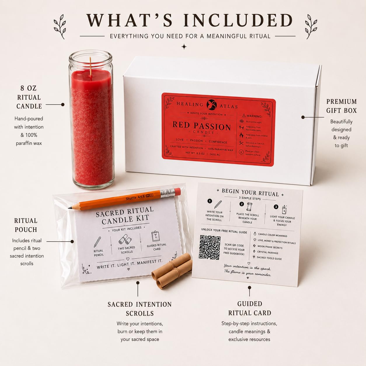 Red Passion Manifestation Candle Kit – 8" Ritual Prayer Candle with Intention Scrolls, Pencil & QR Guide for Passion, Confidence, Motivation & Strength