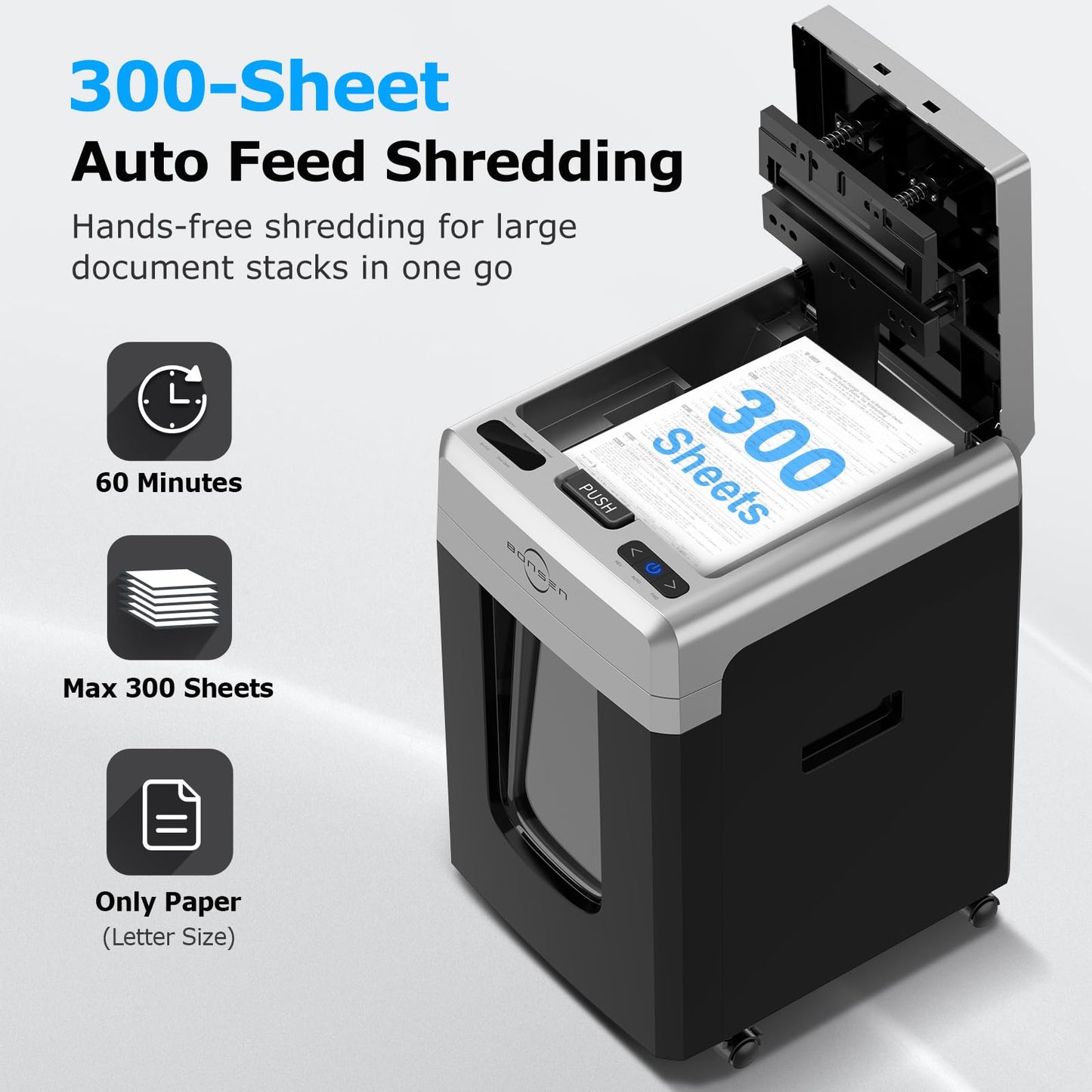 BONSEN 300-Sheet Auto Feed Paper Shredder, P-5 High Security Heavy Duty Shredders for Office Use, 60 Minutes Non-Stop Micro Cut Shredding, 8.1-Gal Pullout Bin, 58dB Quiet Large Paper Shredder (S9221)
