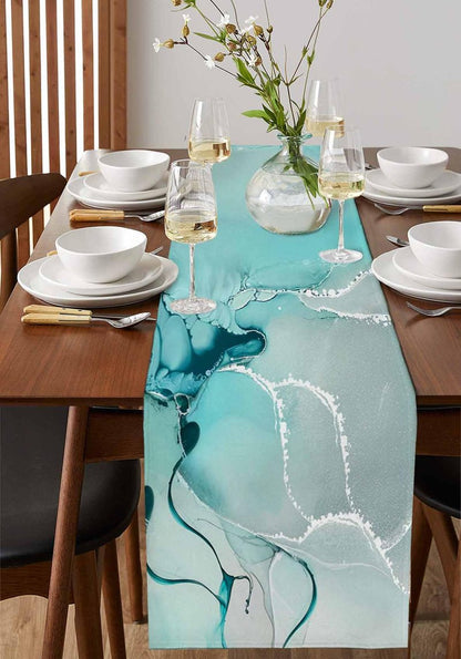 Marble Turquoise Teal Aqua Table Runner 90 Inches Long,Cotton Linen Modern Kitchen Dinner Dining Table Runners Decor Long Dresser Scarf,Burlap Tablerunner for Coffee/Dining/Party/Wedding Table