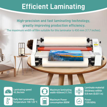 17.7inch Cold Hot Roll Laminator with 2 Rolls of Thermal Laminating Film (1 Inch Core, 0.8 mil,17.3in W×656ft L),V480 Laminating Machine, Single & Double-Sided Thermal Laminator,Digital Display, 110V