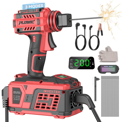 PLOWIC Portable Welding Machine:【2026 Upgraded】110V Handheld Welder with Balanced Design, LCD Display & 3 Modes (MMA/Hot Start/Arc Force), 200A IGBT Inverter ARC Welder Gun Fits 1/16"-1/8" Rods, Red