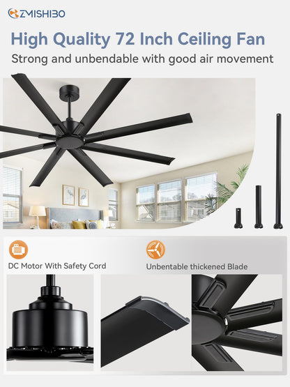 ZMISHIBO 72 Inch No Light, Large Industrial Ceiling Fan with 8 Aluminium Blades, Quiet DC Motor, 6 Speeds, Modern Ceiling Fan without Light for Garage/shop/living room,Black