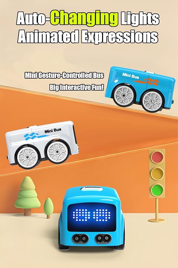 Magic Mini Bus Follows Line Car Inductive Mini Interactive Cars Follows The Line Intelligent Line Tracking System with Dynamic LED Expressions Educational STEM (White)