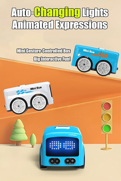 Magic Mini Bus Follows Line Car Inductive Mini Interactive Cars Follows The Line Intelligent Line Tracking System with Dynamic LED Expressions Educational STEM (Blue)