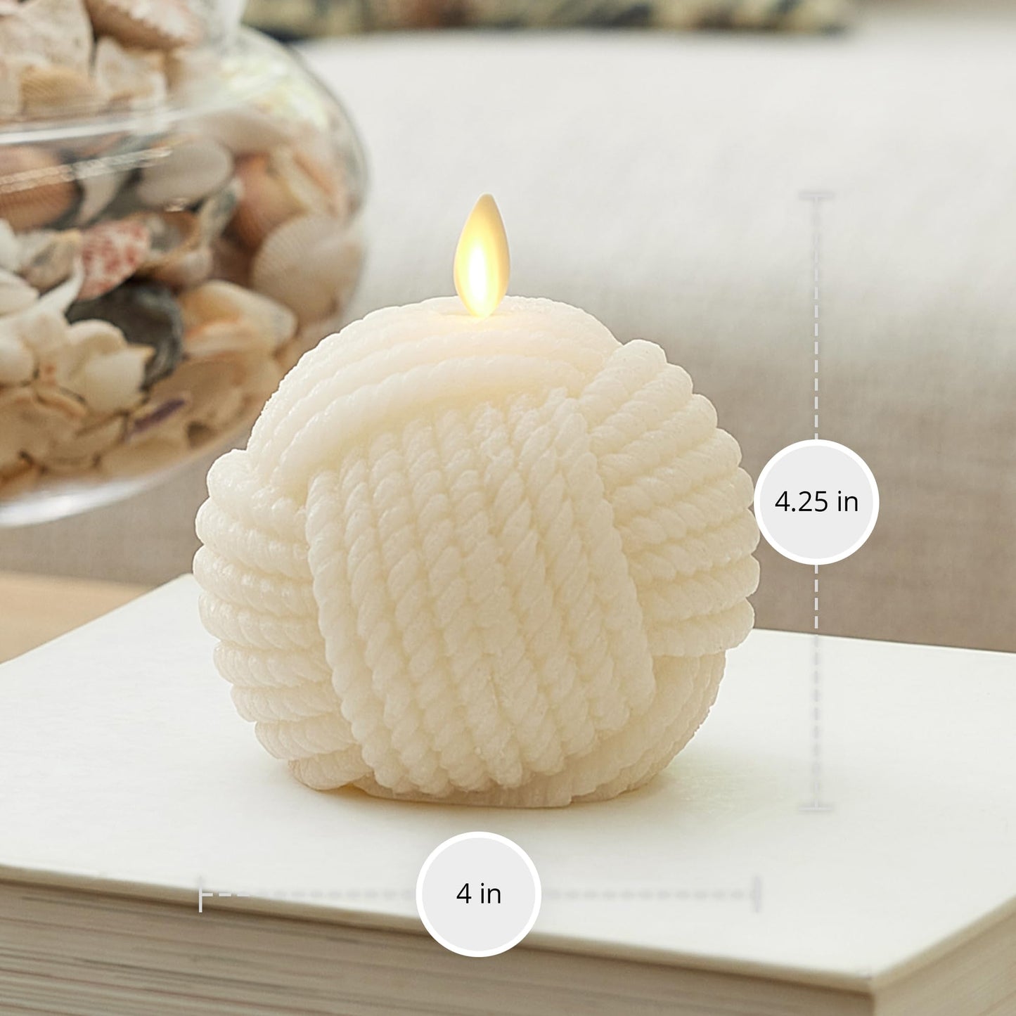 Luminara Moving Flame LED Candle - Unscented Real Wax Chalk Rope Ball - Timer, Flameless Flickering for Home, Centerpiece, Coastal Christmas Decor