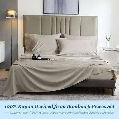 David's Home 6PCS Cooling Sheets Set Queen Size, 100% Rayon Derived from Bamboo, 16" Deep Pocket 2.5cm Wider Elastic, Luxury Silky Breathable for Hot Sleeper,Breathable Smooth Soft, Light Taupe