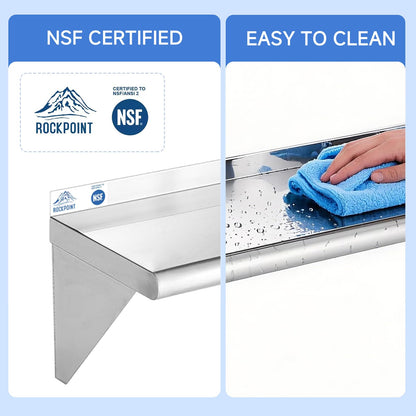 ROCKPOINT Stainless Steel Shelf 12 x 60 Inches 400lb, 2 Pack NSF Commercial Wall Mount Floating Shelving with Backsplash for Restaurant, Kitchen, Home and Hotel, Silver