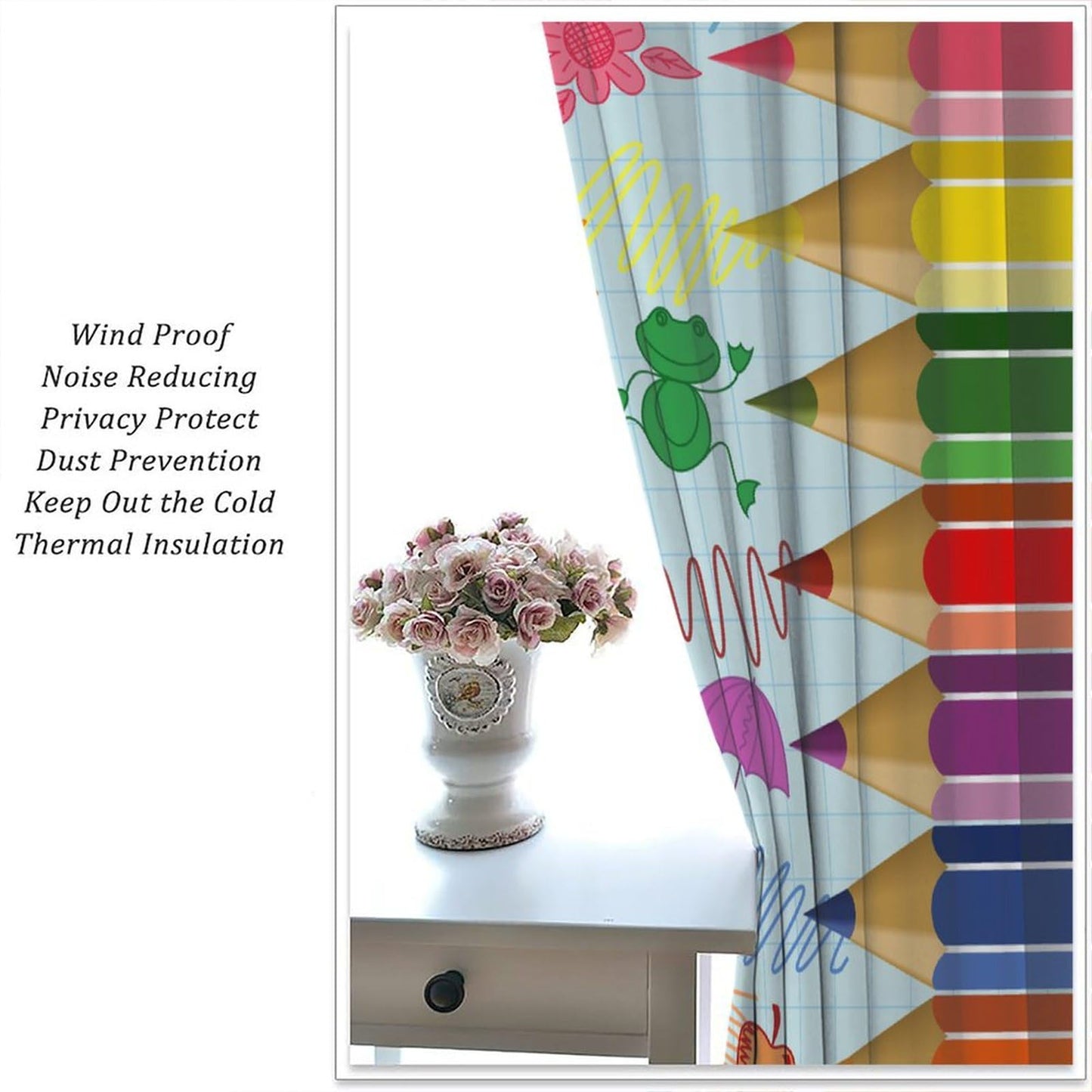Children Pencil Curtains Cute Crayon Colourful Design Kids Boys Girls Curtain with Rod Pocket for Nursery Bedroom Home Drapes Window Treatments Set 2 Panels,42x45 Inches