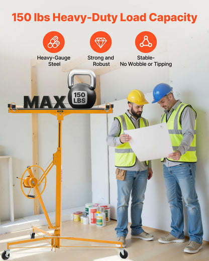 VEVOR 11ft Drywall Lift, Heavy-Duty 150 lbs Sheetrock Hoist with Adjustable Telescoping Arm, Lockable Wheels, Drywall Lifter Panel Jack Hoist Tools Ideal for Ceiling & Wall Installation (Yellow)