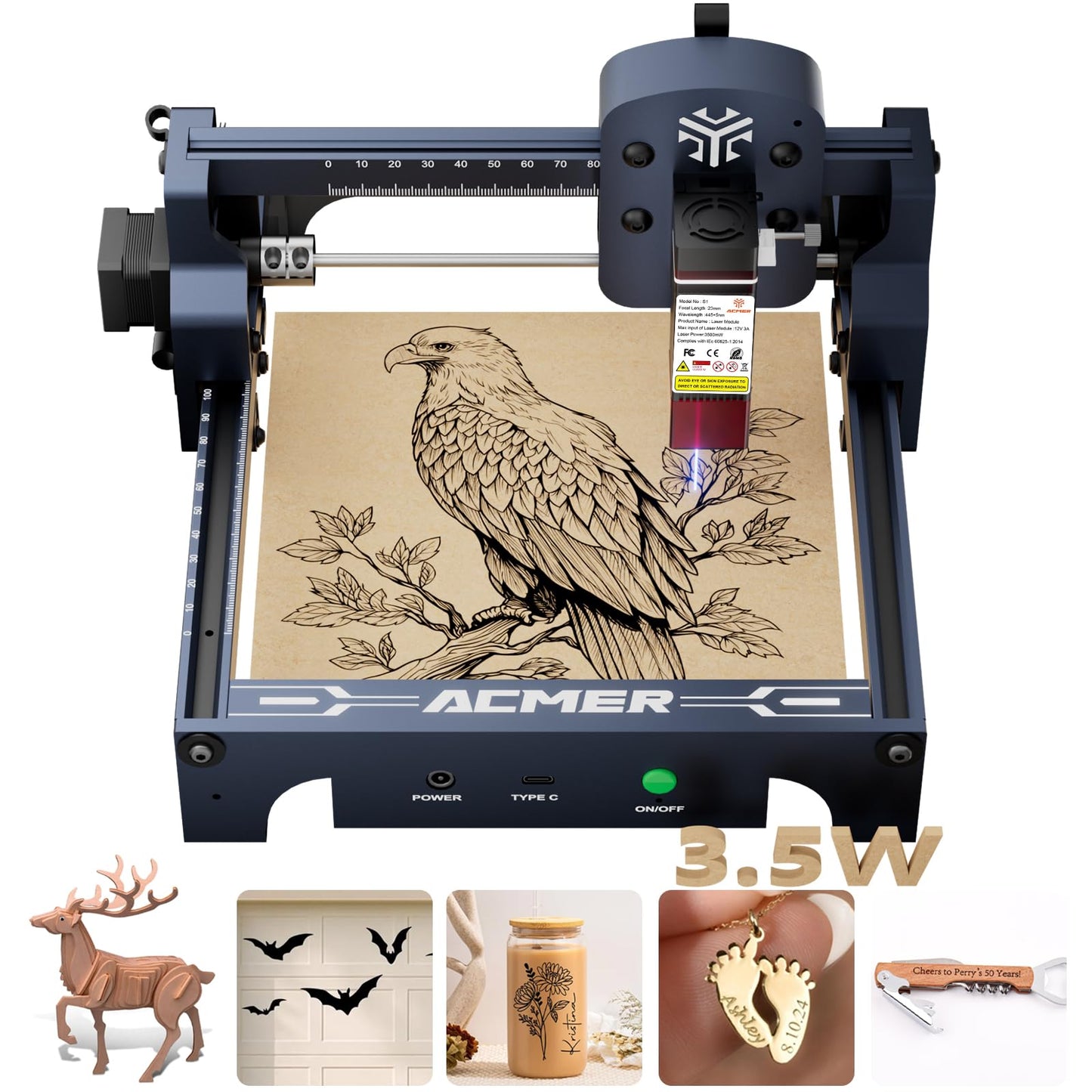 ACMER S1 Laser Engraver, 3500mW Laser Engraver Machine Higher Accuracy Lazer Cutter and Engraving Machine with Working Area 130x130mm,0.04mm Laser Spot Engraving Machines & Tools