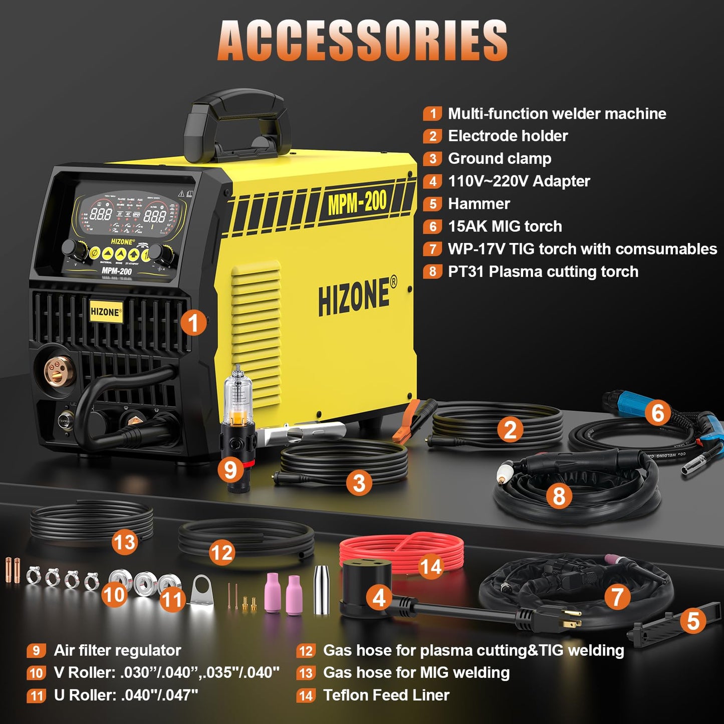 HIZONE Multifunctional Welders Plasma Cutter Combo 200A，8 in 1 Multiprocess Welder Gas MIG/PULSE MIG/MAG/Flux Gasless MIG/HF TIG/Stick/CUT/SPOT MIG 110/220V Dual Voltage Aluminum Welding Machine
